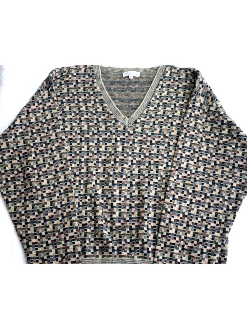 Vintage Mills Touche Geometric V Neck Knit Sweater XL Earthtone Pixel Pattern